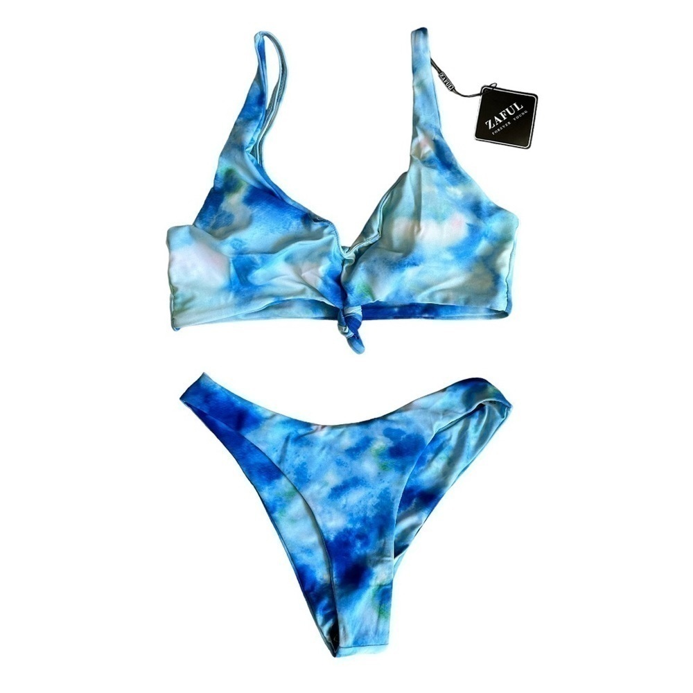 🌺 Zaful Tie Dye Bikini Set US 6 NWT Blue Tie Front High Cut Swimsuit